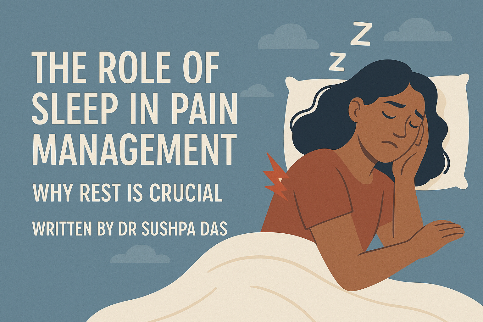 llustrated blog banner with a calm blue background featuring a woman sleeping in bed, a red pain symbol on her shoulder, and three "Z" symbols above her head. The left side of the image displays the title in bold white text: “The Role of Sleep in Pain Management: Why Rest is Crucial,” followed by the subtitle “Written by Dr Sushpa Das.”