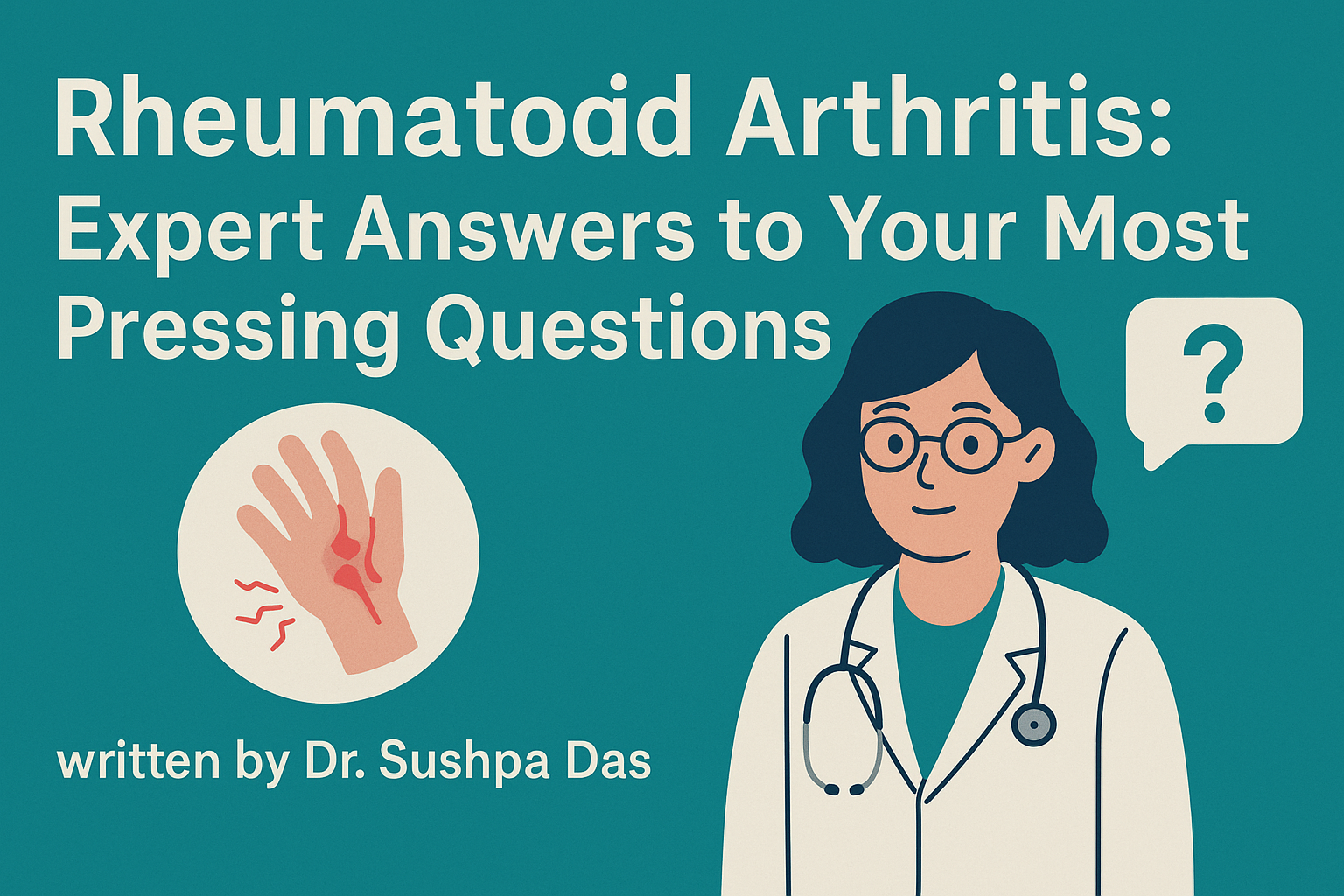 Banner for a blog post titled 'Rheumatoid Arthritis: Expert Answers to Your Most Pressing Questions'. The image features bold white text on a teal background, an illustration of a female doctor in a white coat with a stethoscope, a circular icon showing an inflamed hand joint, and a speech bubble with a question mark. Text at the bottom reads 'written by Dr. Sushpa Das'