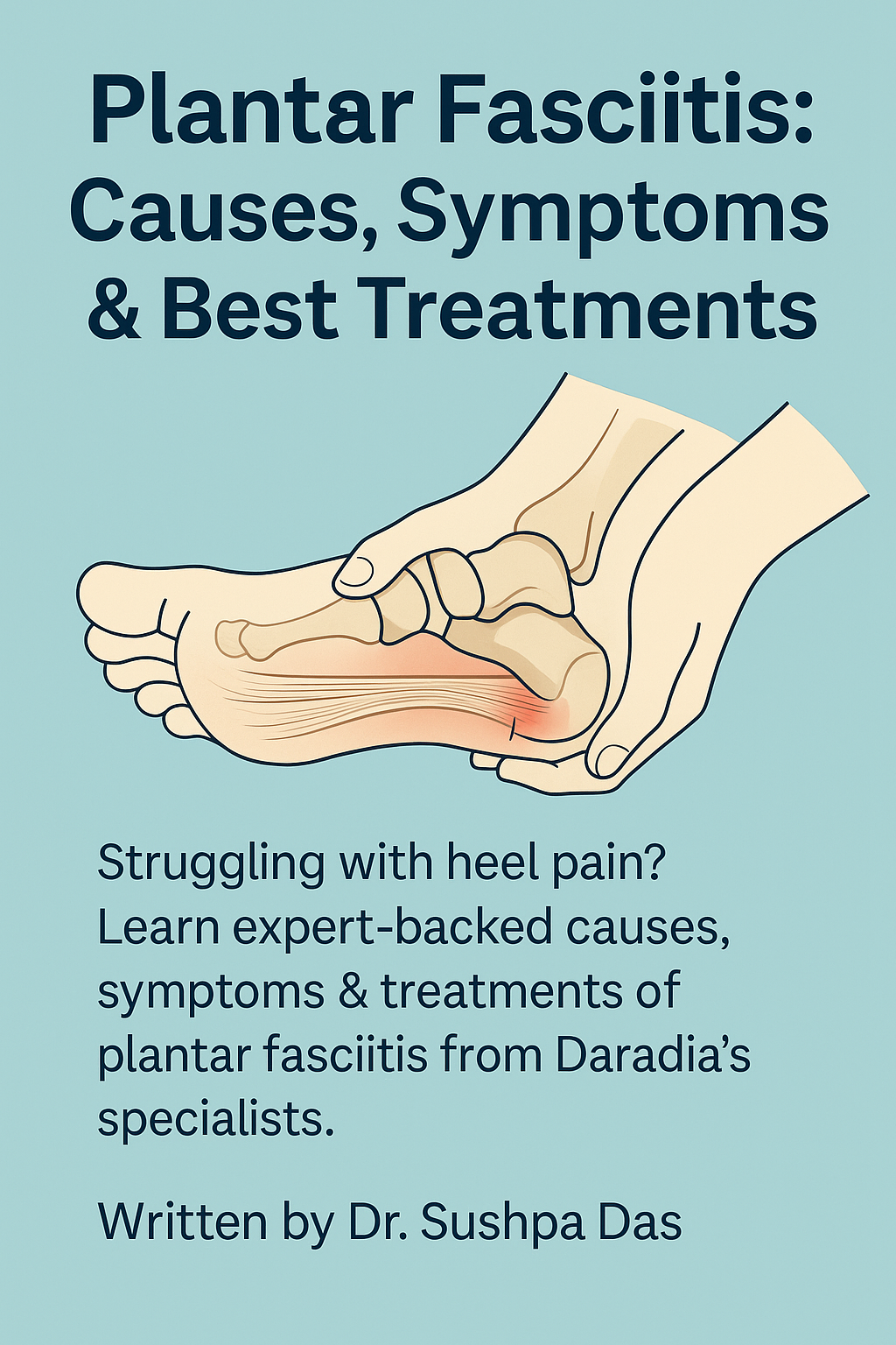 Medical illustration of a person holding their painful heel with inflammation highlighted in red, accompanied by the title "Plantar Fasciitis: Causes, Symptoms & Best Treatments" and a note stating "Written by Dr. Sushpa Das."