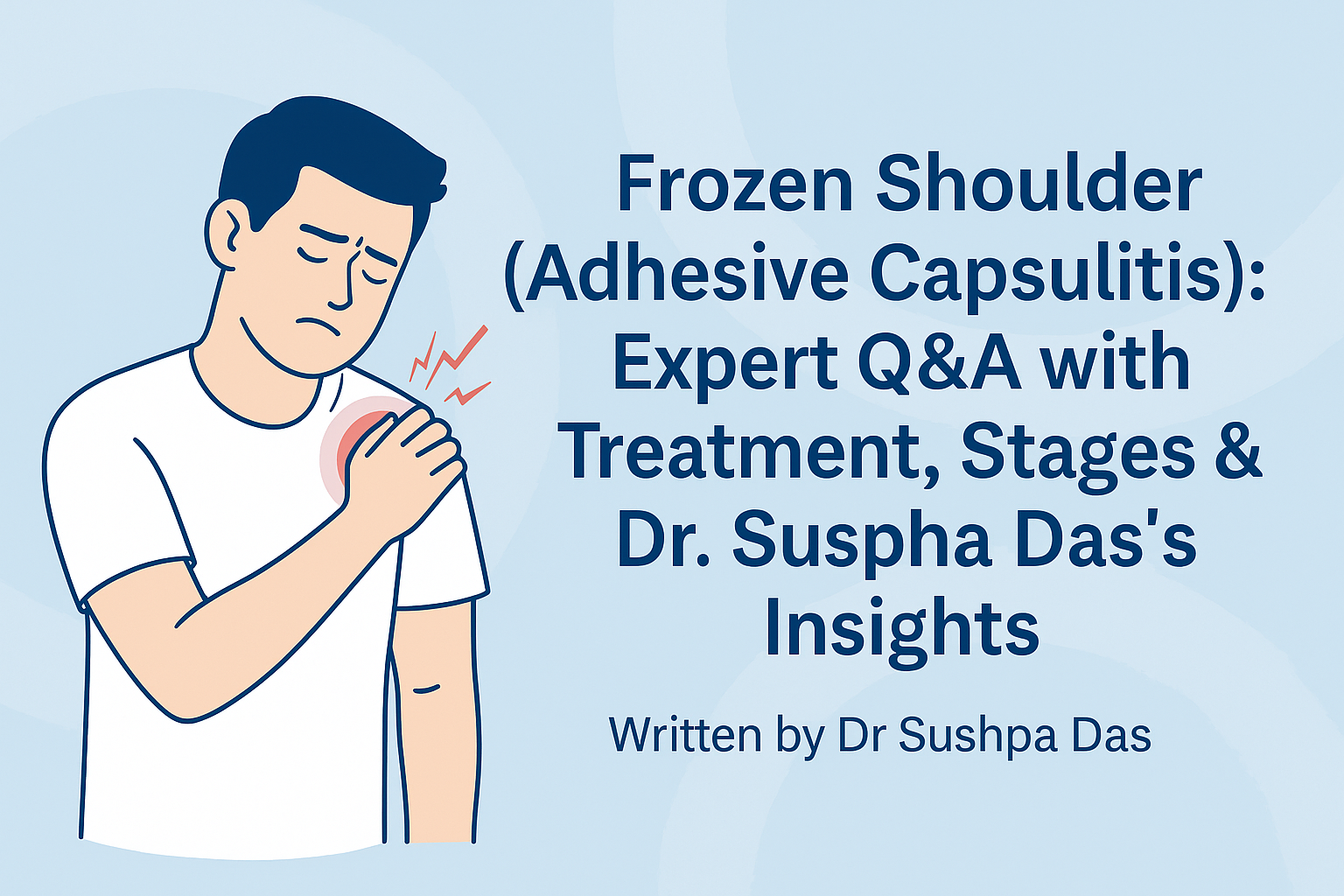 Illustrated banner of a man with frozen shoulder, showing shoulder pain and article title by Dr. Sushpa Das