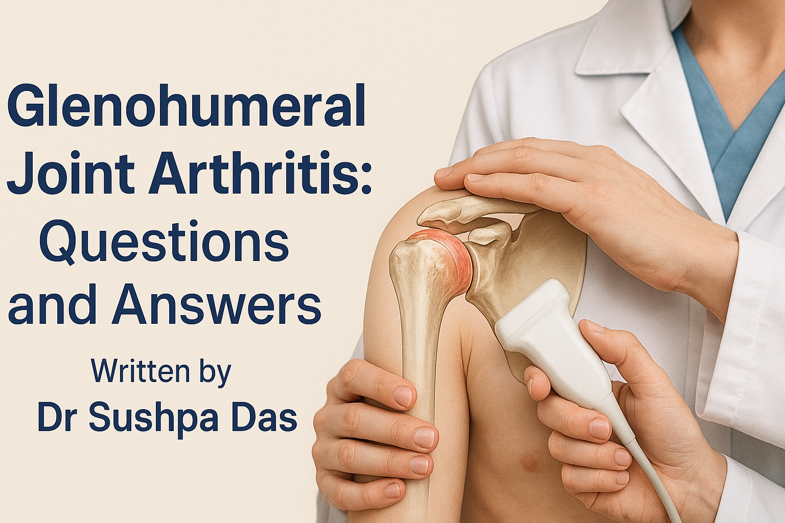 Anatomical illustration of glenohumeral joint arthritis with a doctor performing an ultrasound on the shoulder; includes the blog title “Glenohumeral Joint Arthritis: Questions and Answers” and author credit “Written by Dr Sushpa Das”.